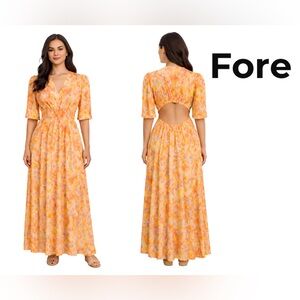 FORE size Medium Maxi Dress Cut-Out Back cinch Waist Orange Yellow